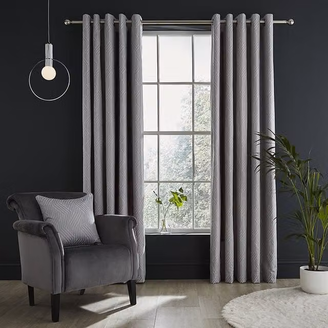 Catherine Lansfield Linear Geo Jacquard Ready Made Eyelet Curtains in Silver and Grey