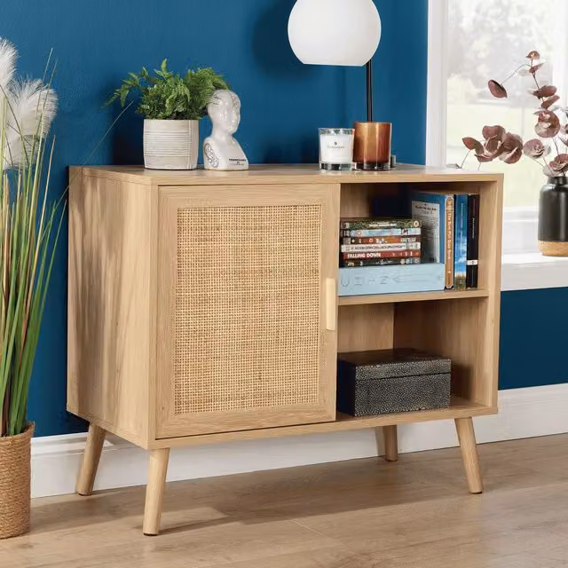 Home Source Natural Rattan Sideboard with Open Shelving and Media Compartments – 1