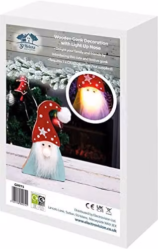St Helens Home & Garden Wooden Gonk Tabletop Decoration with Light Up Nose and Fluffy Beard in Red, White and Brown – 8