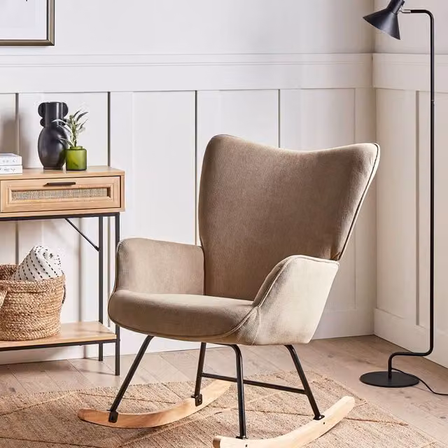 Wyld and Coco Taupe Jumbo Cord Rocking Armchair with Wide Backrest and Black Metal Legs in Beige – 1