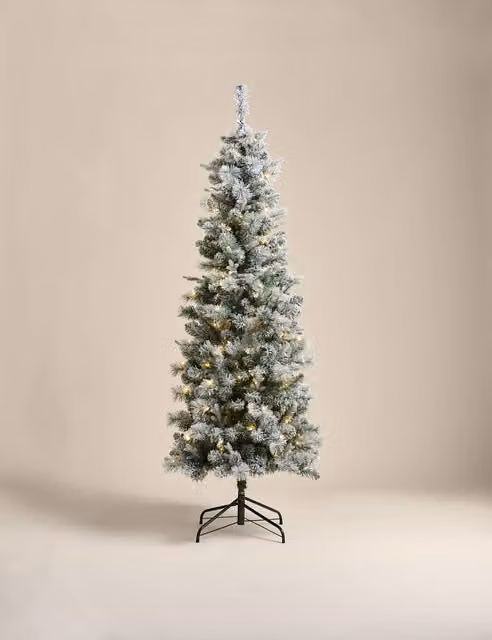 M&S 6ft Pre-Lit Slim Snowy Monterey Scots Pine Christmas Tree in White and Green with Warm White Lights