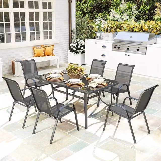 Outsunny 7 Piece Modern Outdoor Dining Set with Round Glass Table and Chairs in Grey