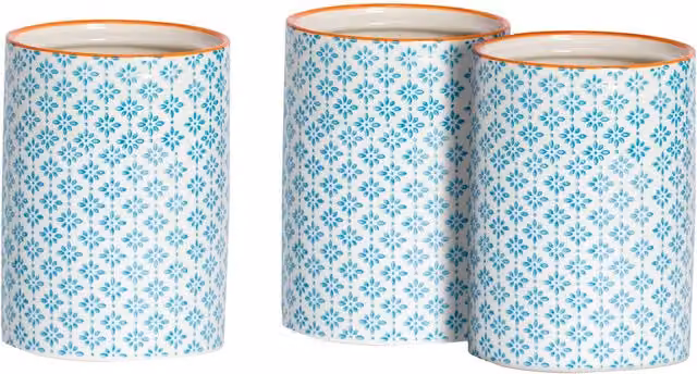Nicola Spring Hand-Printed Ceramic Kitchen Utensil Holders, Blue, Pack of 3, 1 Litre