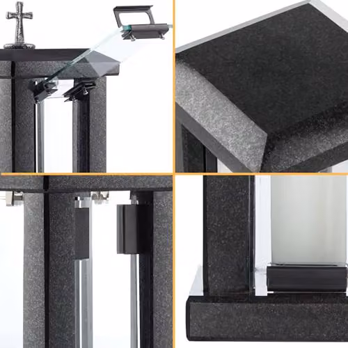NOVECRAFTO Black Granite Square Memorial Lantern with Cross, Height: 32 cm – 8