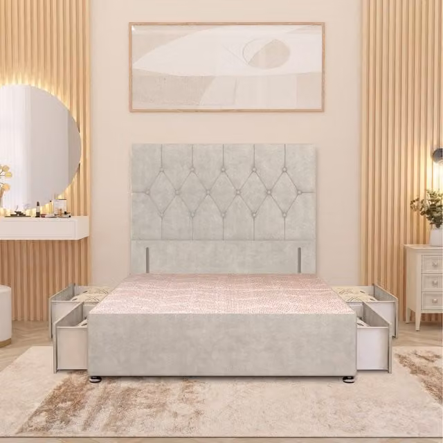 Somnior Beds Ltd Chesterfield Velvet Divan Bed Base with Drawers in Silver, W/D/H: 180 x 200 cm