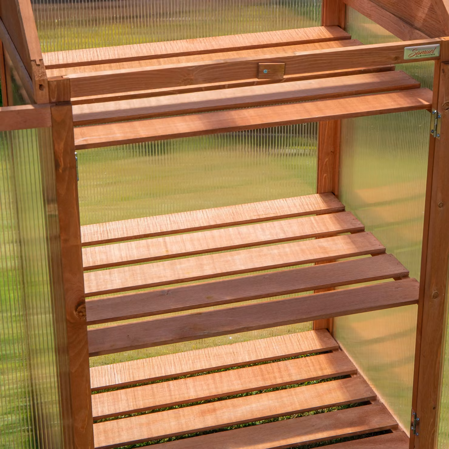 Samuel Alexander Brown Wooden Mini Greenhouse Cold Frame with Polycarbonate Shelving, H120 x W69 x D49 cm – 3