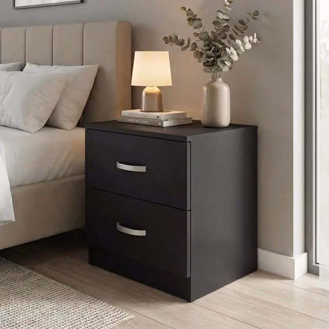 FWStyle Modern 2 Drawer Bedside Table with Matt Finish in Black