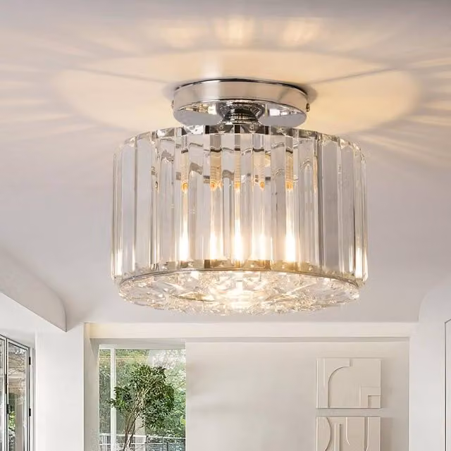 COMELY Vintage Crystal Semi Flush Mount Ceiling Light in Silver