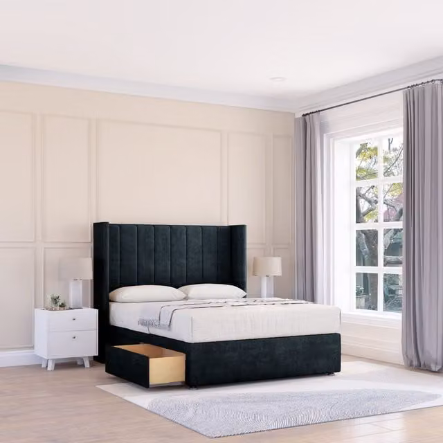 Sloomy Falcon Naples Wingback Bed Set with Floor Standing Headboard in Black Velvet, W/D/H: 140 x 200 cm