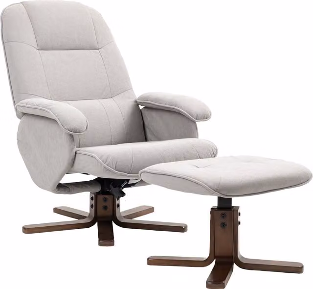 HOMCOM Linen Swivel Recliner Chair with Ottoman, Upholstered Grey Armchair with Wooden Base