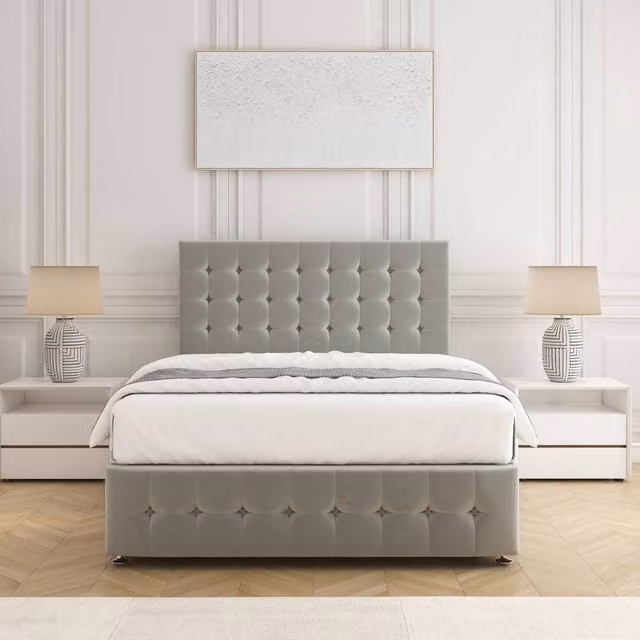 BSSPOKE Eva Double Divan Bed Set with 24 inch Plush Velvet Headboard and Mattress in Silver Grey, W/D/H: 140 x 200 cm
