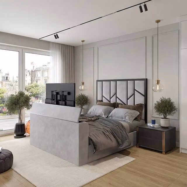 KDMD Aldingbourne Luxe Silver Upholstered Television Bed Frame, King Size (W: 180 cm x D: 200 cm)