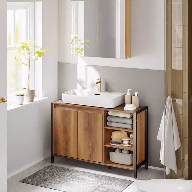 SoBuy Under Sink Bathroom Cabinet in Light Brown Wood Effect with Soft Close Hinged Doors and Internal Shelves