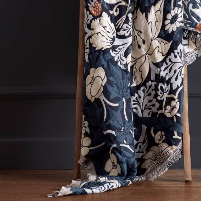 Morris & Co. Strawberry Thief Jacquard Throw with Fringes, Blue, W: 130 cm, H: 170 cm