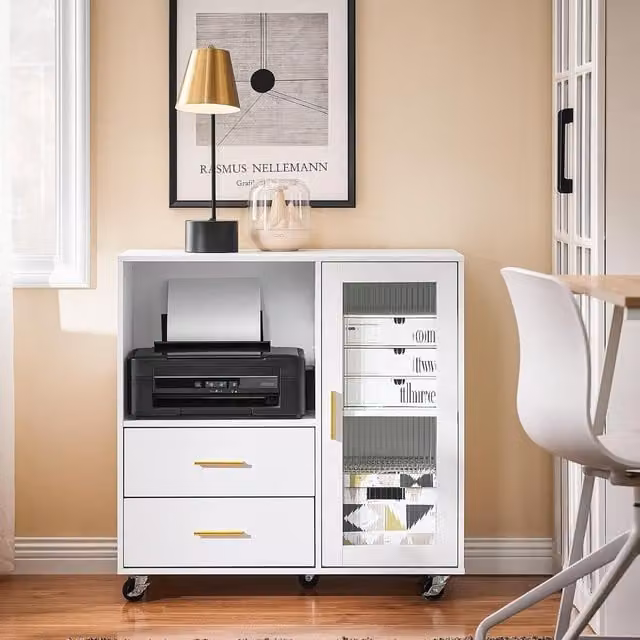 Sobuy Modern Freestanding Home Office Cabinet with Glass Doors in White and Gold