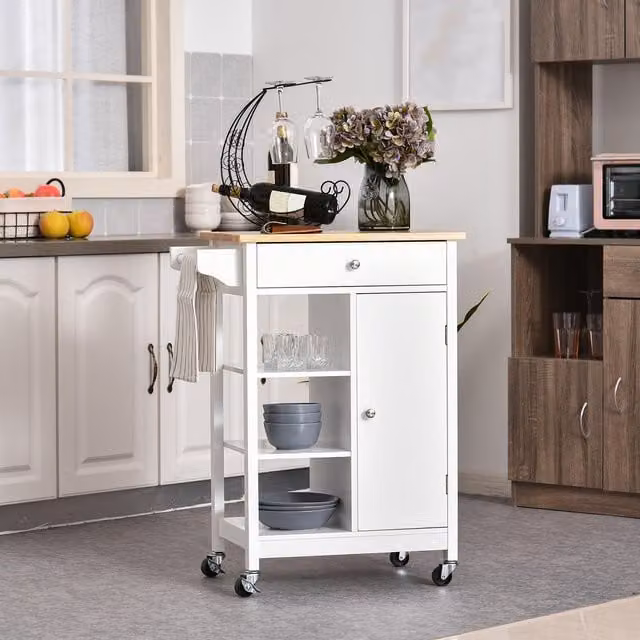 HOMCOM Modern Kitchen Trolley Cart Rolling Kitchen Island with Natural Wood Top and White Finish