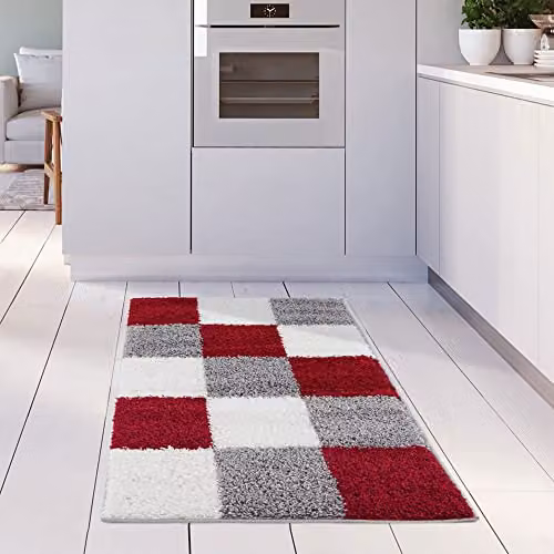 THE RUGS Modern Checked Shaggy Area Rug in Red and Grey, W/D/H: 110 x 60 x 3 cm – 2