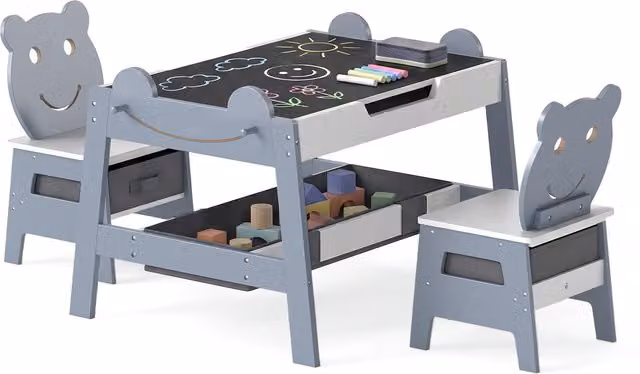 Costway Grey Wood Childrens Table and Chairs Set