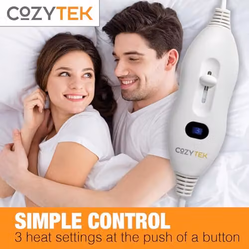 Cozytek King Size White Polyester Electric Under Blanket with 3 Heat Settings and Detachable Control, W/D/H: 180 x 200 cm – 3