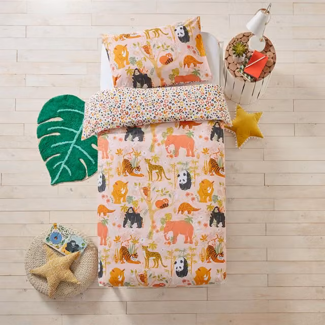 Reversible Floral Animal Duvet Cover Set for Children, Multicolour and Orange, 90 x 190 cm