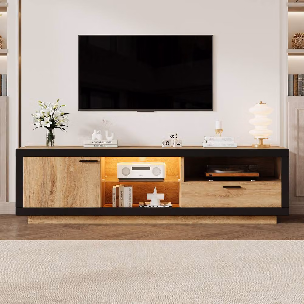 ModernLuxe Modern TV Cabinet with LED Light, 1 Drawer and 1 Door in Natural, W: 160 cm, D: 40 cm, H: 50 cm – 3