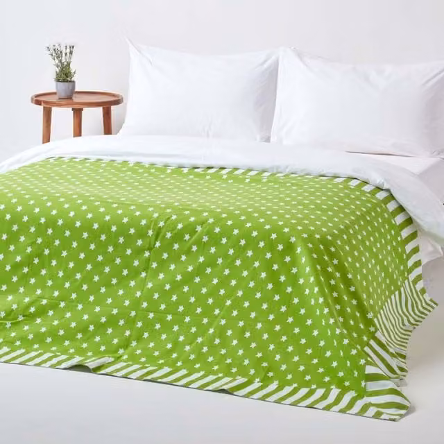 Homescapes Green Cotton Patchwork Stars and Stripes Decorative Throw for Children