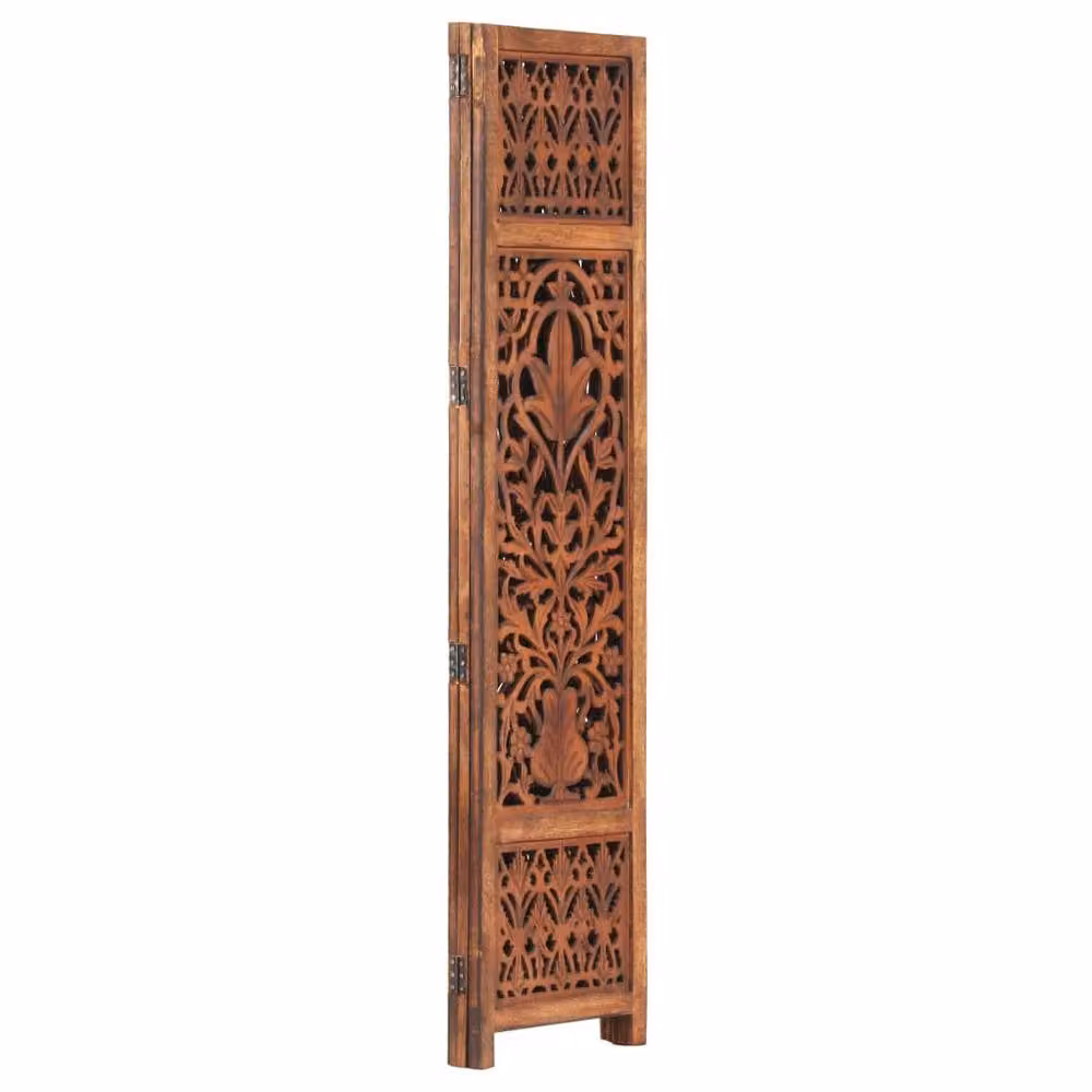 Berkfield Home Hand Carved 3-Panel Floral Room Divider in Brown Solid Mango Wood, W: 120 cm, H: 165 cm – 3