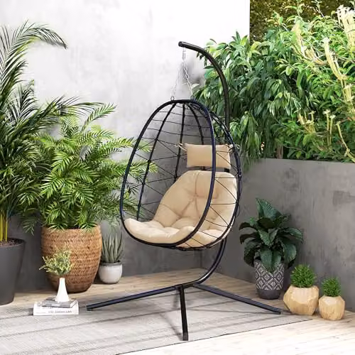 Outsunny Folding Hanging Egg Chair for Outdoor and Indoor Use in Brown or Beige – 7