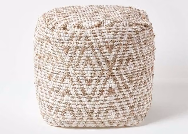 Homescapes Sierra Natural Diamond Pattern Jute and Cotton Square Bean Filled Pouffe, W/D/H: 40 x 40 x 40 cm