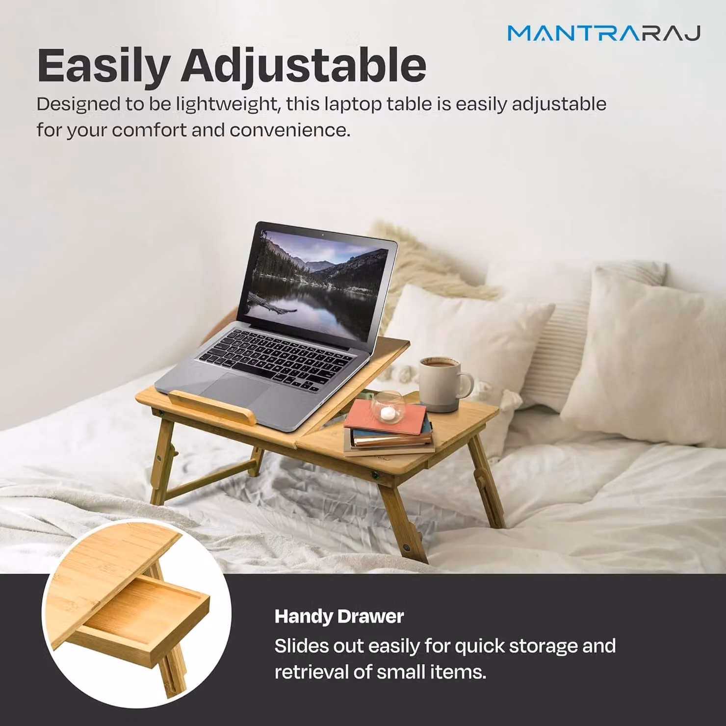 MantraRaj Adjustable Bamboo Laptop Desk with Drawer in Brown – 5