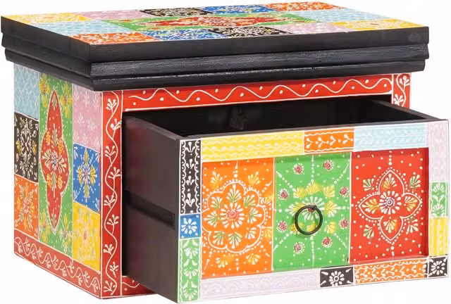 Berkfield Home Set of 2 Floral Bedside Cabinets in Multicolour and Gold, Mango and Engineered Wood, W: 40 cm, D: 30 cm, H: 28 cm – 1