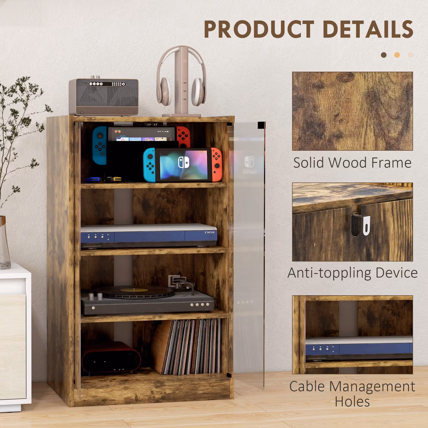 HOMCOM 4-Tier Hi-Fi Record Player Stand with Adjustable Internal Shelves and Push-to-Open Glass Doors, Rustic Brown – 5