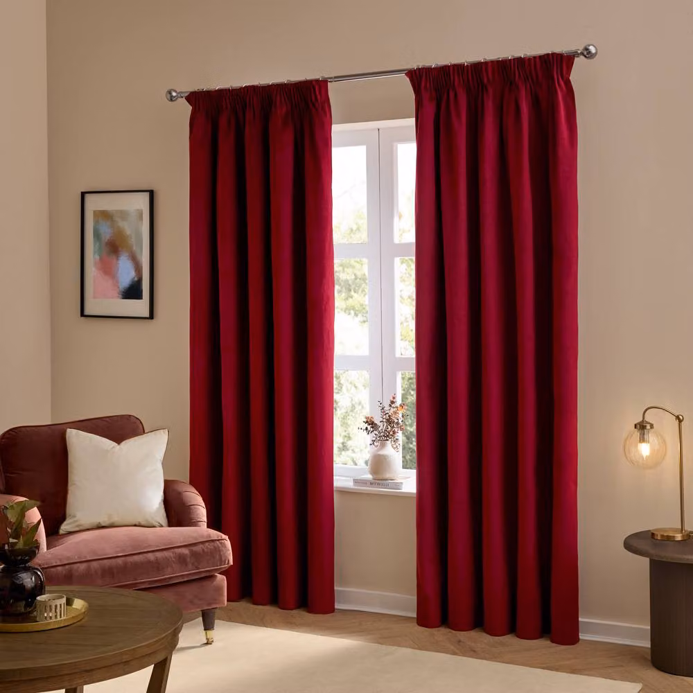 Furn Burgundy Velvet 100% Blackout Pencil Pleat Curtain Pair, Width: 229 cm, Drop: 183 cm – 2