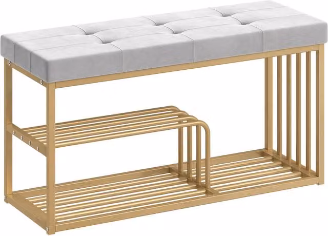 HOMCOM Tufted Velvet Shoe Storage Bench with Gold Steel Frame, Grey – 1