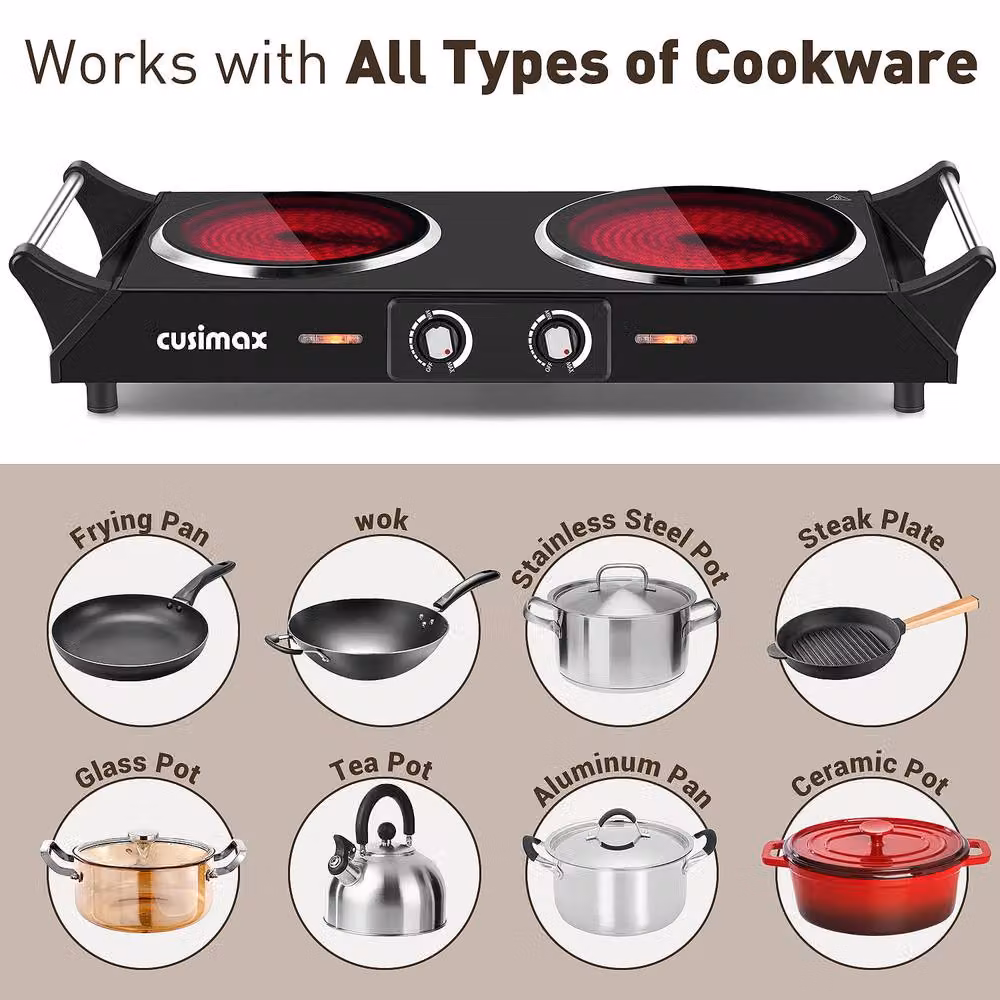 Cusimax Portable Dual Ceramic Hot Plate with Handle, Black – 4
