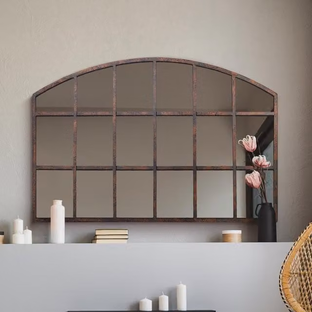 MirrorOutlet The Kirkby Rustic Metal Arched Decorative Window Wall Mirror in Brown