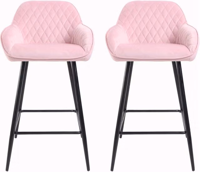 Neo Set of 2 Pink Crushed Velvet Breakfast Bar Stools with Metal Legs