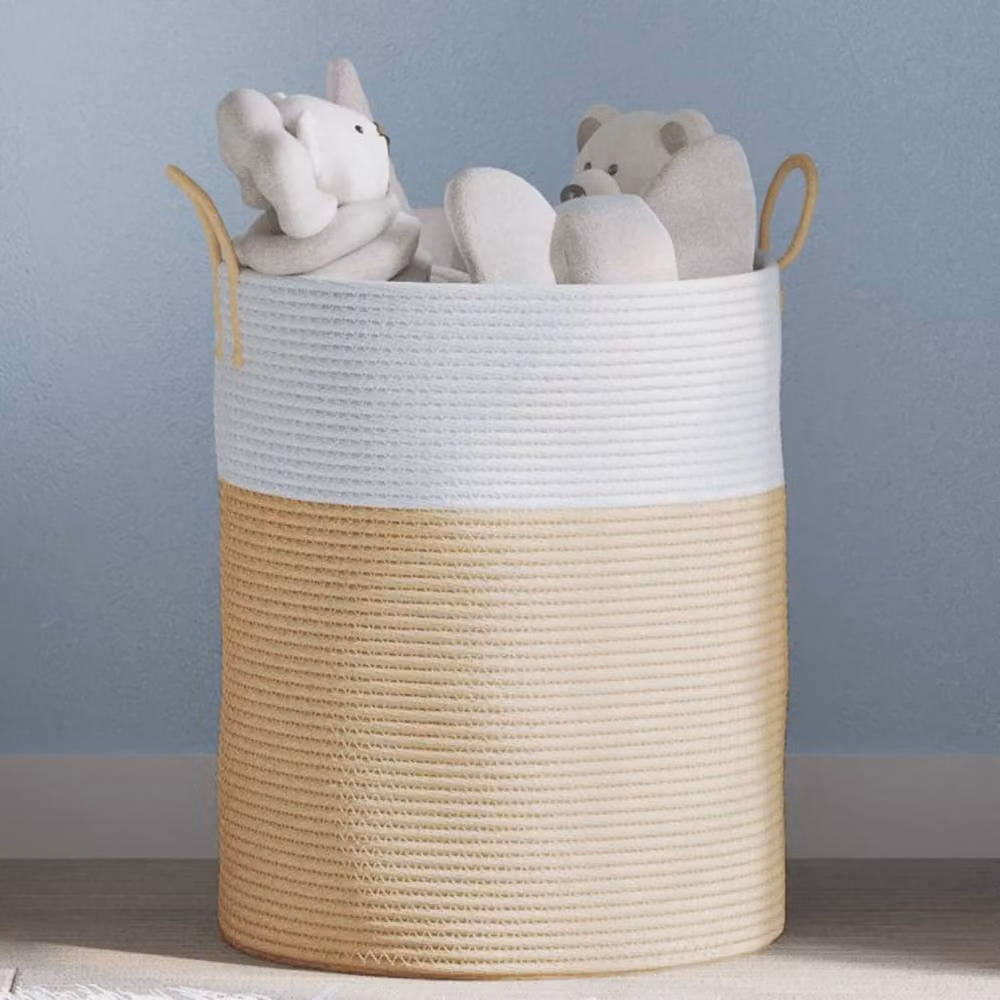 Berkfield Open Weave Cotton Storage Basket in Beige and White, W: 38 cm, H: 46 cm – 2