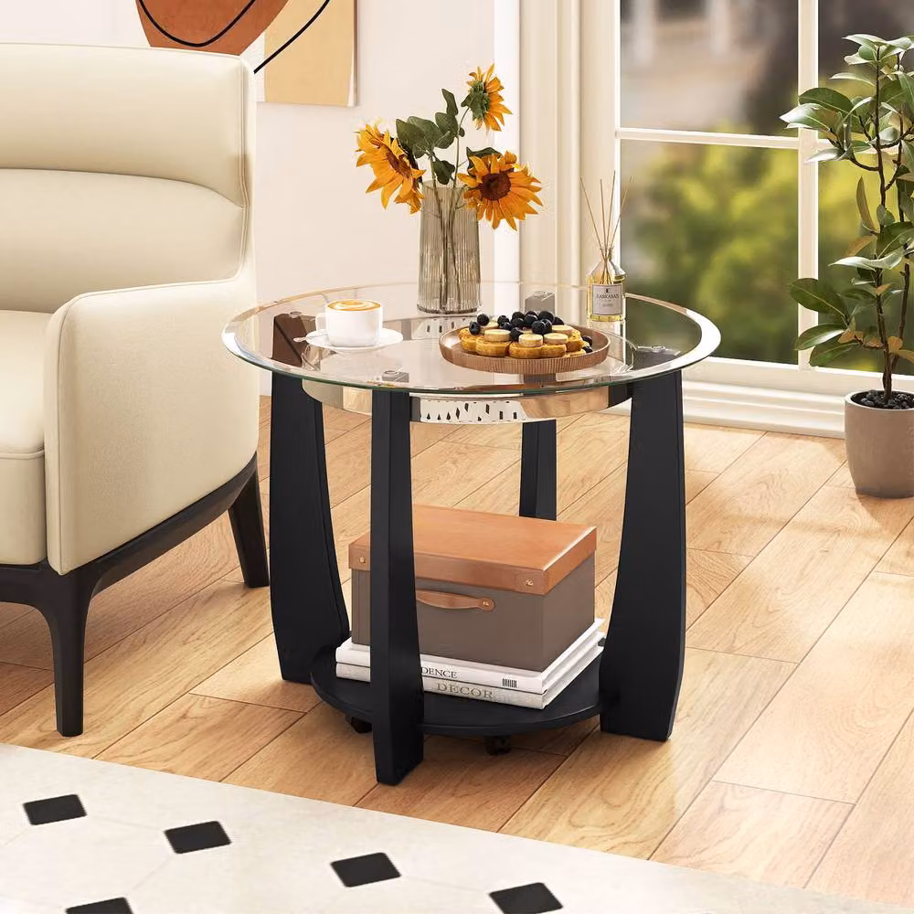 Costway 2-Tier Round Glass Coffee Table with Storage Shelf and Castors in Black – 3