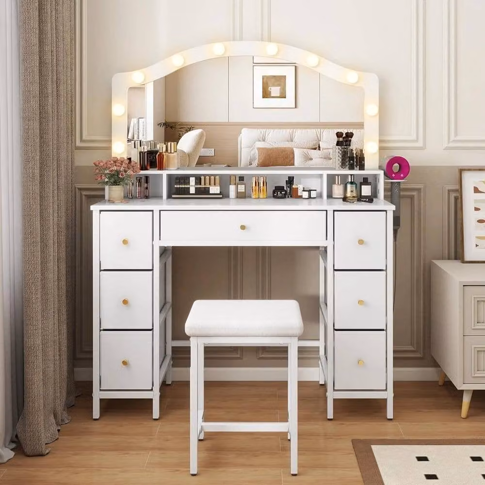 FORGEVIO Modern White Dressing Table with Hollywood LED Mirror and Drawers – 4