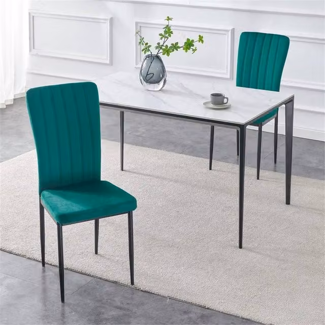 FORGEVIO Set of 2 Modern Dining Chairs with Green Velvet Upholstered Seats and Black Metal Frame