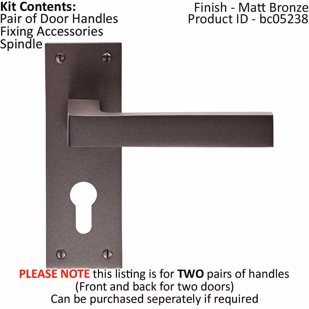 Loops 2x Pair Straight Square Handle on Euro Lock Backplate, Matt Bronze, W: 150 mm, H: 50 mm – 2