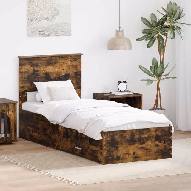 Berkfield Home Modern Bed Frame in Smoked Oak and Silver, W: 75 cm x L: 190 cm