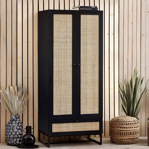 Julian Bowen Padstow Rattan 2 Door 1 Drawer Wardrobe in Black, H190 x W80 x D56 cm