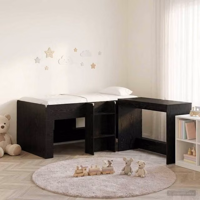 Berkfield Home Kids High Bed Frame with Desk and Stairs, Black Oak Engineered Wood
