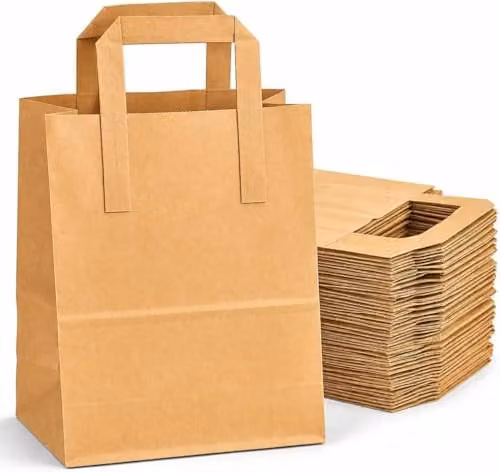 ECONX Brown Kraft Paper Takeaway Carrier Bags with Handles, Pack of 100 – 1