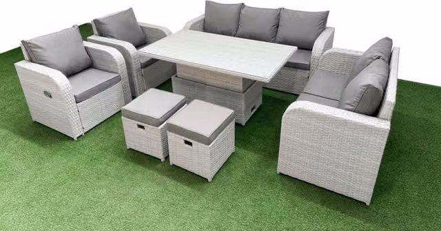 Fimous Grey PE Rattan Garden Furniture Set with Reclining Chairs, Double Love Seat and Adjustable Table