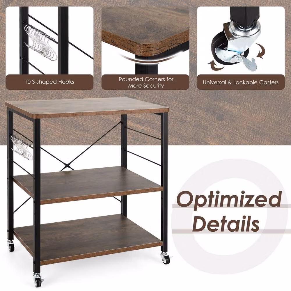 VOGREX 3-Tier Rolling Microwave Cart with Adjustable Shelves in Rustic Brown – 5