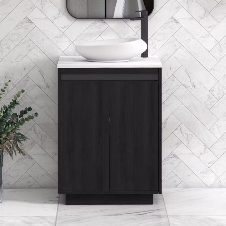 Royal Bathrooms Orion 600mm Hale Black Floor Standing 2 Door Vanity Unit with Carrara White Nova Basin and Black Accent Trim