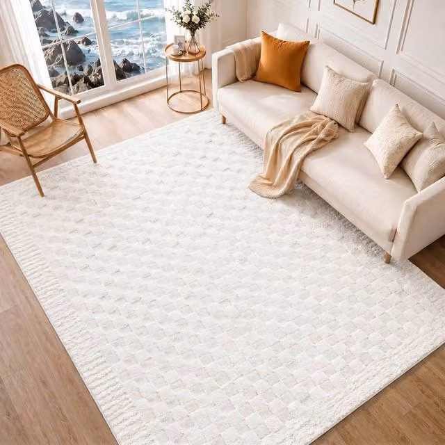 Livabliss Freud Modern Checkerboard High Pile Living and Dining Room Rug in White, Black and Brown, W: 80 cm, L: 220 cm